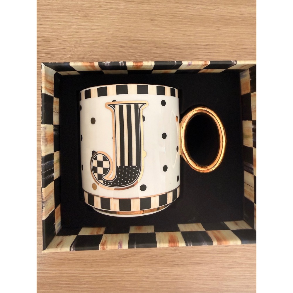 MacKenzie-Childs My Mug J Initial Courtly Check Polka Dot Gold Handle Coffee Cup